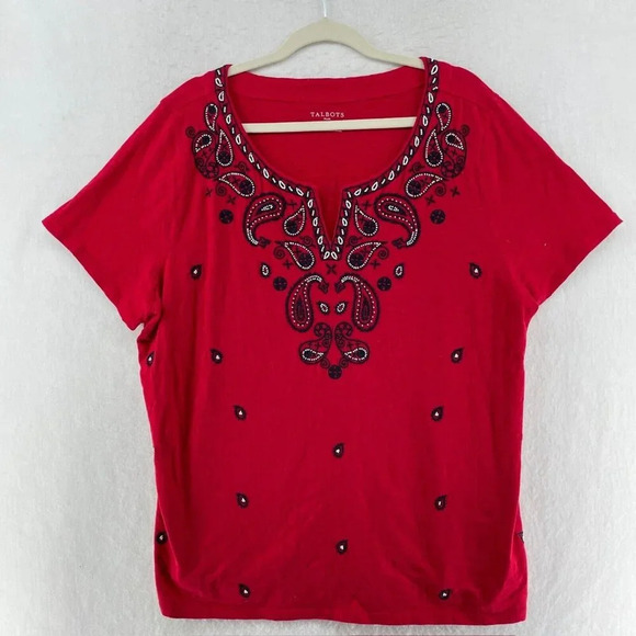 Talbots Blouse Womens Sz 2X Red Short Sleeve Paisley Studded V Neck Pullover Top - Picture 1 of 9